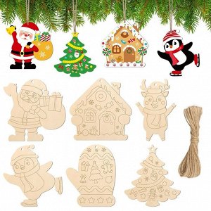 Новогодние елочные игрушки-заготовки из дерева для раскрашивания, Набор 6 штук (Высота 10 см.) с веревками