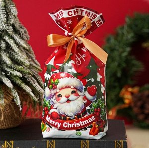 Пакет новогодний с атласной лентой для подарков и конфет 23*15 см. "Дед Мороз" Красный