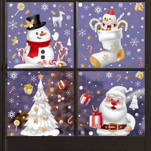 Наклейки на окна композиция "Елка/Носок/Снеговик/Санта" 176 элементов 4 листа 20*30 см. Многоразовые, Без клея (Статические) BQ433