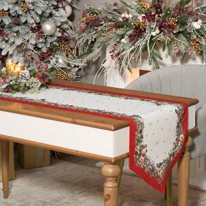 Дорожка на стол Морозко «Снегири», 45×300 см, красная, твил, 100% хлопок, с защитной пропиткой