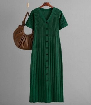 Платье трикотажной вязки приталенное с v-образным вырезом на пуговицах, зеленый