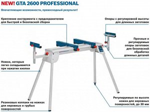 Gta 2600 GTA 2600 (НОВИНКА) Компактный Стол для торцовочных пил GTA 2600 Professional гарантирует быструю и удобную работу. Прочные и регулируемые опоры заготовок обеспечивают безопасную обработку дли