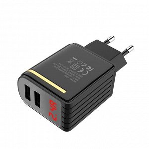 Сетевое зарядное устройство HOCO C39A Enchanting 2*USB, 2.4A, черный, дисплей