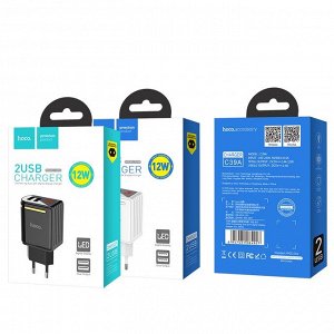 Сетевое зарядное устройство HOCO C39A Enchanting 2*USB, 2.4A, черный, дисплей