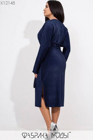 Люрексовое платье миди с имитацией запаха, длинными рукавами поясом по отрезной талии и высоким разрезом сбоку X12148