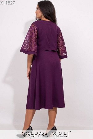 Платье миди А-кроя с вшитой несъемной накидкой с фигурными выточками и вышивкой из пайеток на расклешенных рукавах 3/4 X11827