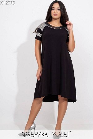 Платье кроя мини-трапеция с круглым вырезом короткими рукавами, декоривано мелкой пайеткой на сетке с застежкой капелька сзади X