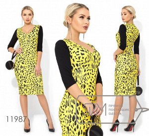 Платье-футляр миди из креп дайвинга с леопардовым принтом, глубоким декольте и рукавами 3/4 11987