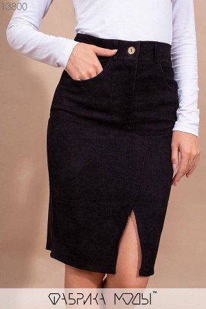 Вельветовая юбка карандаш высокой посадки со съемным поясом шлевками карманами и разрезом спереди 13800