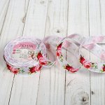 Лента репсовая «Пионы», 25 мм, 18 ± 1 м, цвет белый/розовый