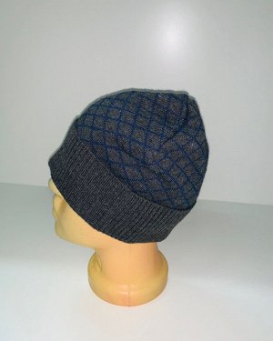 Шапка Серая шапка с синим геометрическим узором  №200