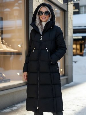 Пальто зимнее утепленное с капюшоном женское черного цвета 7729Ch