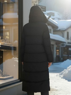 Пальто зимнее утепленное с капюшоном женское черного цвета 7729Ch