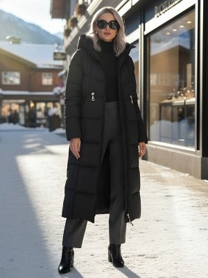 Пальто зимнее утепленное с капюшоном женское черного цвета 7729Ch