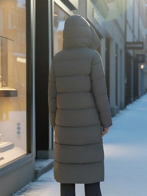 Пальто зимнее утепленное с капюшоном женское темно-серого цвета 7729TC