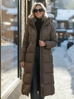 Пальто зимнее утепленное с капюшоном женское светло-коричневого цвета 7729SK