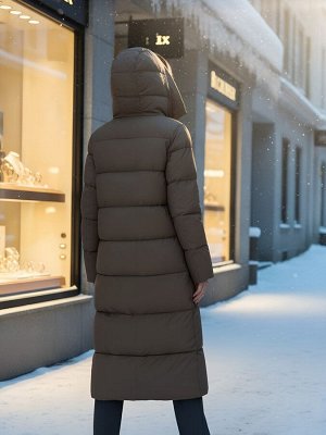 Пальто зимнее утепленное с капюшоном женское светло-коричневого цвета 7729SK