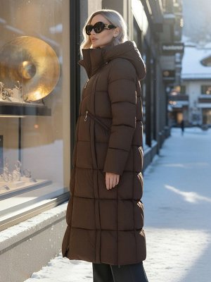 Пальто зимнее утепленное с капюшоном женское коричневого цвета 7729K