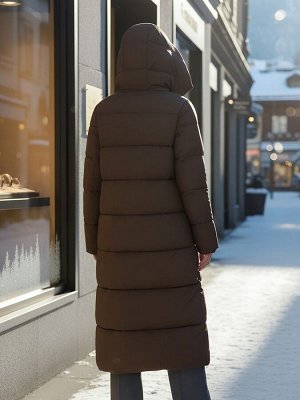Пальто зимнее утепленное с капюшоном женское коричневого цвета 7729K
