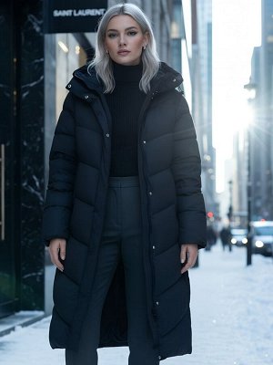 Пальто зимнее утепленное с капюшоном женское черного цвета 7623Ch