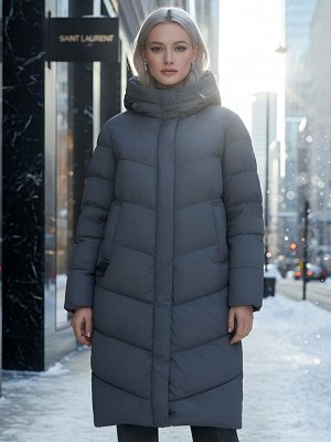 Пальто зимнее утепленное с капюшоном женское темно-серого цвета 7623TC