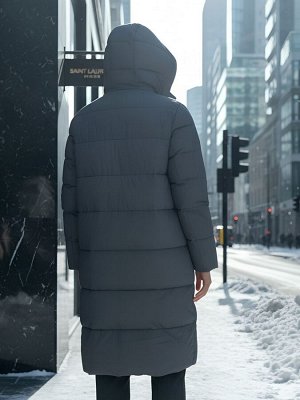 Пальто зимнее утепленное с капюшоном женское темно-серого цвета 7623TC