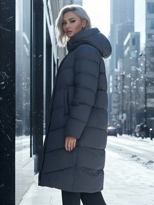 Пальто зимнее утепленное с капюшоном женское темно-серого цвета 7623TC