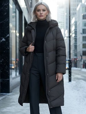 Пальто зимнее утепленное с капюшоном женское темно-коричневого цвета 7623TK