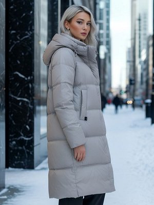 Пальто зимнее утепленное с капюшоном женское бежевого цвета 7618B