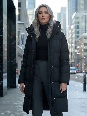 Пальто зимнее утепленное с капюшоном женское черного цвета 7618Ch