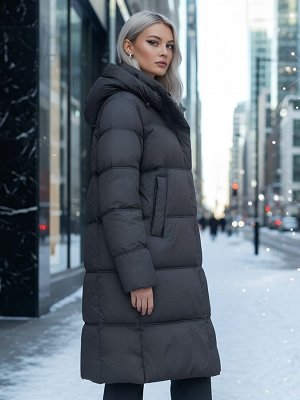 Пальто зимнее утепленное с капюшоном женское темно-коричневого цвета 7618TK