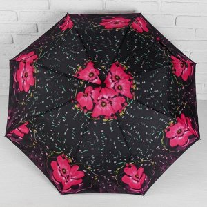 Зонт полуавтоматический «Цветы», 3 сложения, 8 спиц, R = 50 см, цвет чёрный/розовый