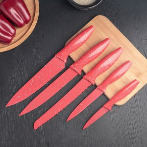 Набор кухонных ножей «Космос», 5 предметов, на подставке, цвет красный