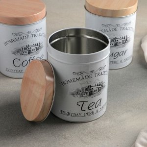 Банки жестяные для хранения сыпучих продуктов Sugar Coffee Tea, 1,2 л, 10,5*14 см, 3 шт, цвет серый