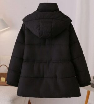 Пуховик зимний стеганый с капюшоном на молнии, пояс на кулиске, синий