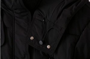 Пуховик зимний стеганый с капюшоном на молнии, пояс на кулиске, синий