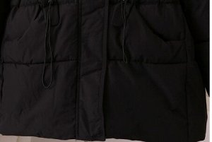 Пуховик зимний стеганый с капюшоном на молнии, пояс на кулиске, синий