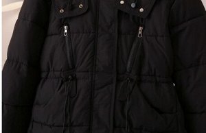 Пуховик зимний стеганый с капюшоном на молнии, пояс на кулиске, синий