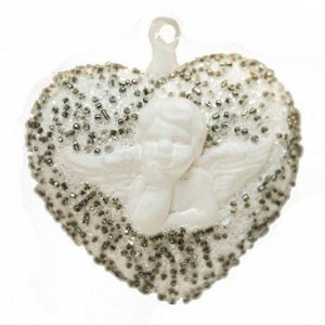Елочное украшение Сердце с ангелочками 8см стекло цв серебро с белым