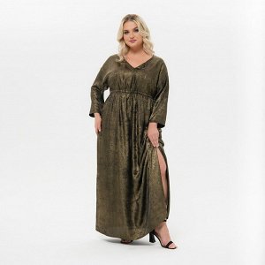 Платье длинное, вечернее,  с V - вырезом, с кулисой под линией груди, "темное золото"