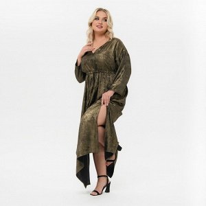 Платье длинное, вечернее,  с V - вырезом, с кулисой под линией груди, "темное золото"