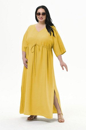 Платье с V-вырезом и кулисой под линией груди из фактурной вискозы, цвет "карри"