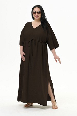 Платье с V-вырезом и кулисой под линией груди из фактурной вискозы, цвет "шоколад"
