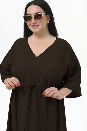 Платье с V-вырезом и кулисой под линией груди из фактурной вискозы, цвет "шоколад"