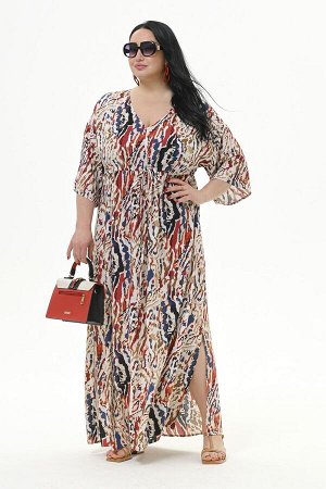 Платье длинное с V-вырезом, с кулисой под линией груди, принт "натуральный" *