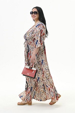 Платье длинное с V - вырезом, с кулисой под линией груди, из вискозы, принт "натуральный"