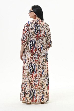 Платье длинное с V-вырезом, с кулисой под линией груди, принт "натуральный" *