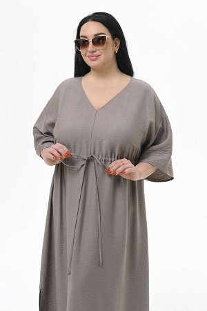 Платье с V-вырезом и кулисой под линией груди из фактурной вискозы, цвет "капучино"