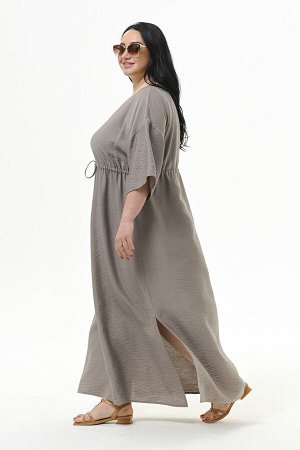 Платье с V-вырезом и кулисой под линией груди из фактурной вискозы, цвет "капучино"