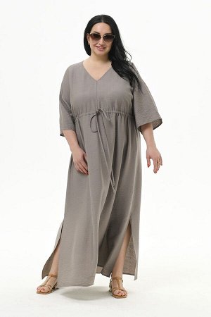 Платье с V-вырезом и кулисой под линией груди из фактурной вискозы, цвет "капучино"